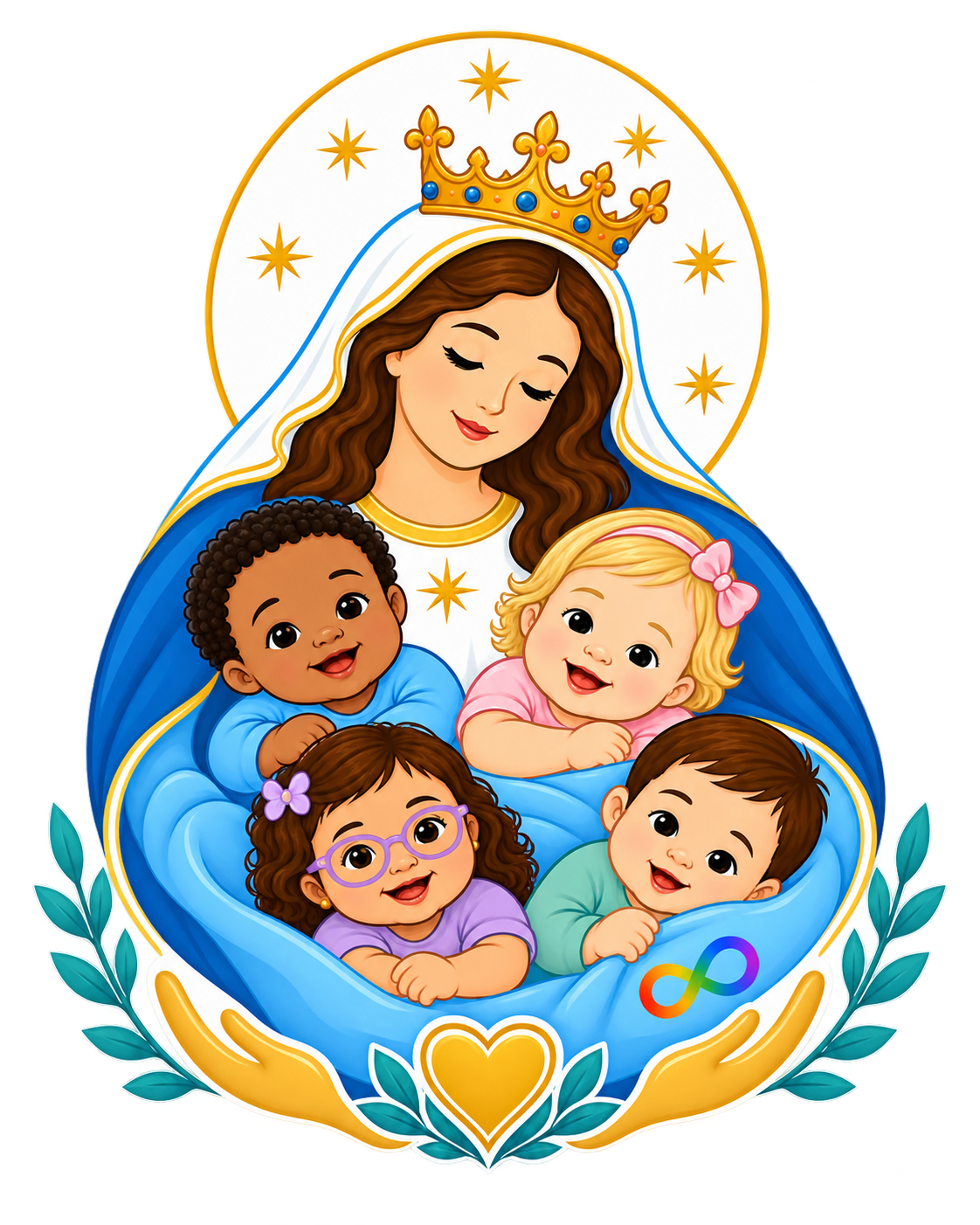 Nossa Senhora Auxiliadora acolhendo quatro bebês