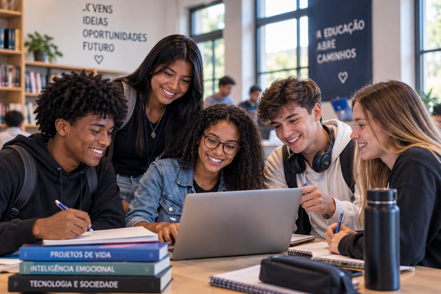 Jovens reunidos em torno de um notebook durante atividade de escuta e formação